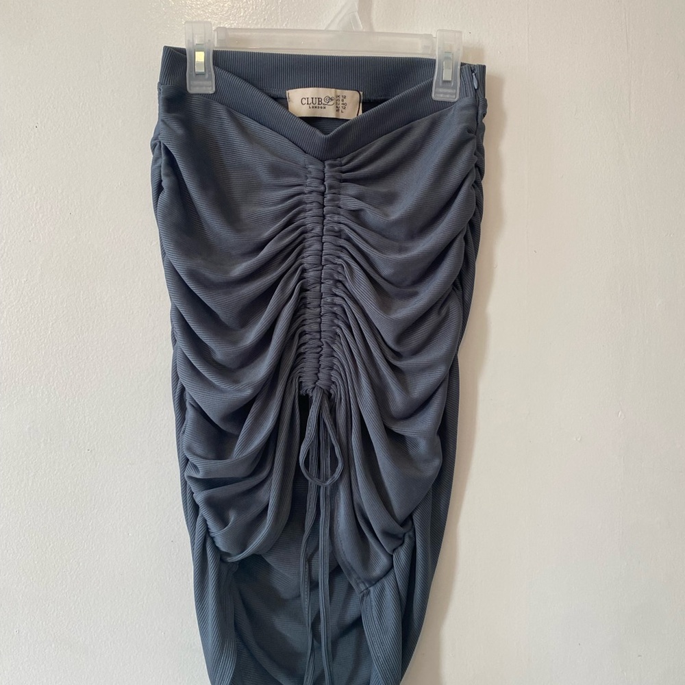 Club L London Slate Blue Ruched Midi Skirt with Drawstring